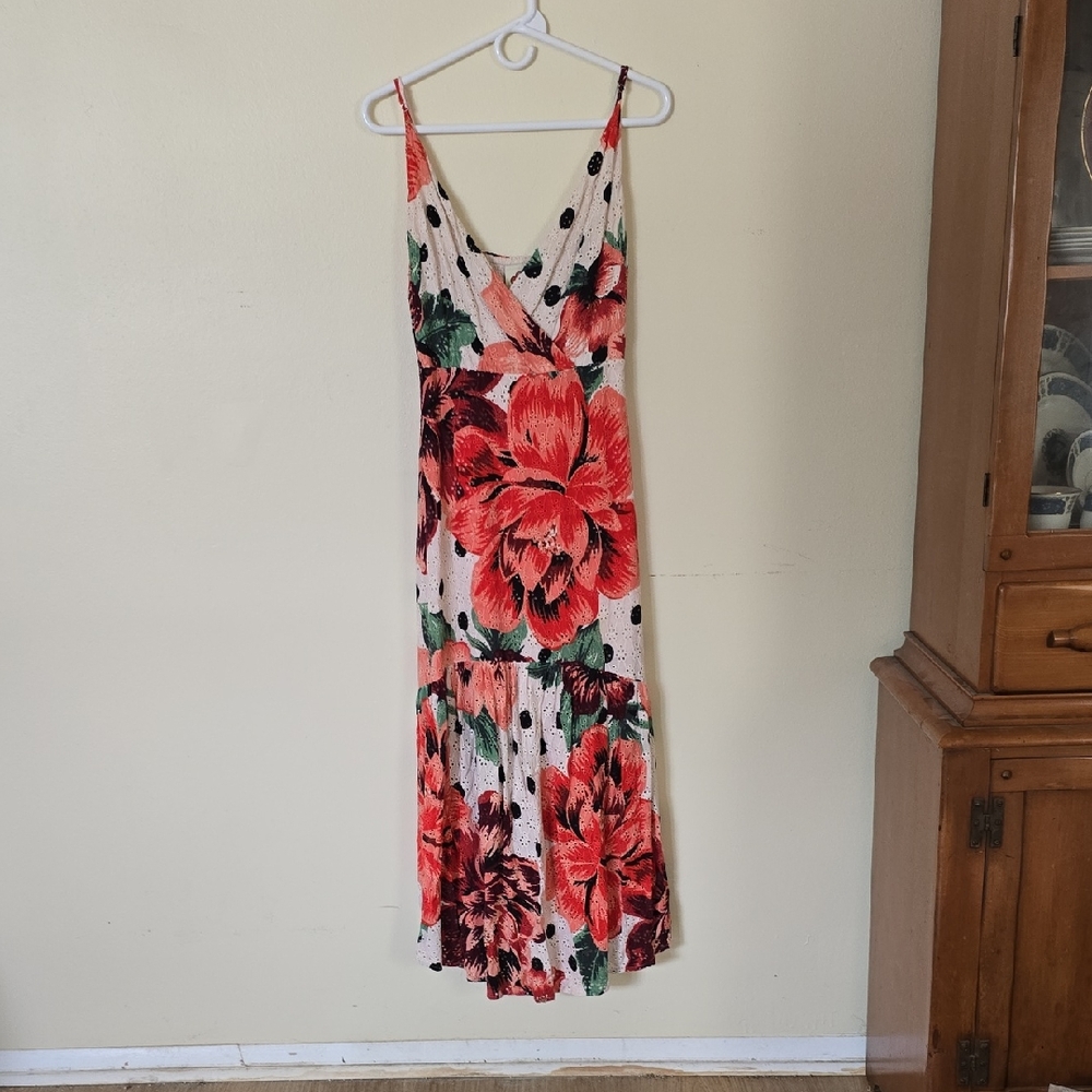 Anthropologie Red and Green Floral Maxi Dress